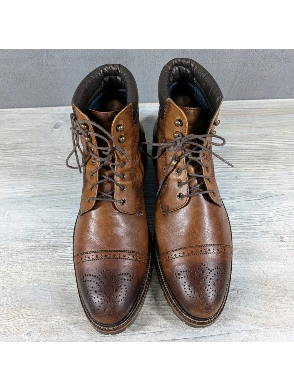 Johnston Murphy Mens 13M Brown Leather Cap Toe Brogue XC Flex Ankle Boots Lug